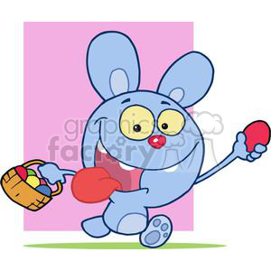 Easter Rabbit Running And Holding Up An Egg And Carrying A Basket In Front Of A Pink Background