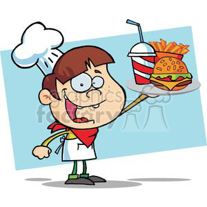 Fast Food Boy Chef Holding Up Hamburger Drink And French Fries clipart.