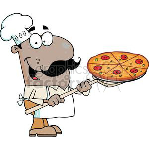 Fast Food African American Proud Chef Inserting A Pepperoni Pizza clipart. Royalty-free image # 379249