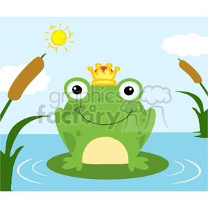 Cartoon-Happy-Frog-Prince-Character-On-A-Lilypad-In-Lake clipart. Commercial use image # 381777