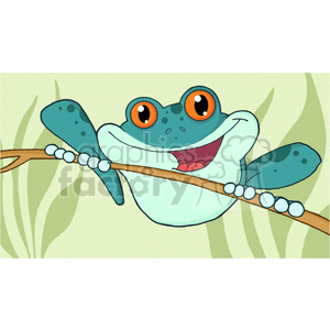 The image shows a cartoon-style illustration of a friendly-looking frog. The frog is depicted with big, bright orange eyes and a wide, open-mouthed smile, giving it a humorous and cheerful appearance. It is gripping onto a brown branch with its feet while its hind legs are spread out. The background suggests a natural setting, possibly a swamp or a grassy area, with various shades of green.