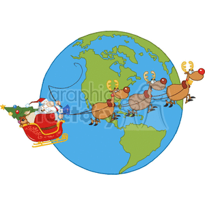 clipart - Cartoon-Santa-In-His-Sleigh-Flying-Around-A-Globe.
