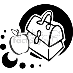Black and white outline of a lunch box and apple clipart.