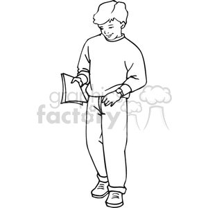 Black and white outline of a student carrying his homework clipart.