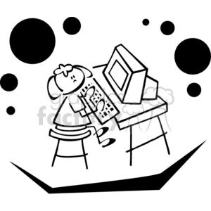 education cartoon black white outline vinyl-ready back to school computer monitor keyboard learning typing little girl student desk sitting chair happy excited determined internet
