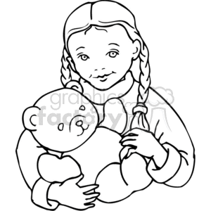 Black and white outline of little girl with a teddybear  clipart.