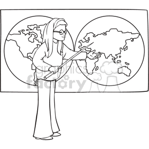 Black and white outline of a student showing a map clipart. Royalty-free image # 382673