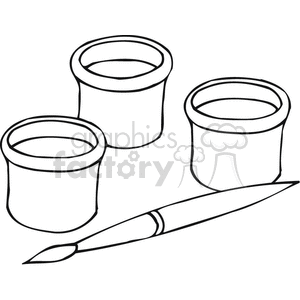 Black and white outline of a paintbrush and paint containers  clipart. Commercial use image # 382876