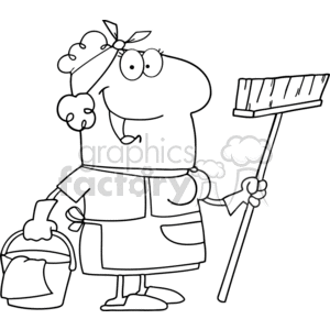 black and white outline of a cartoon cleaning lady clipart. Royalty-free image # 383319