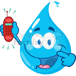 12858 RF Clipart Illustration Happy Water Drop Cartoon Character Holding A Telephone clipart.