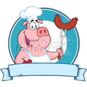 Happy Pig Chef Holding A Sausage On Fork Over A Blank Banner clipart. Royalty-free image # 386502