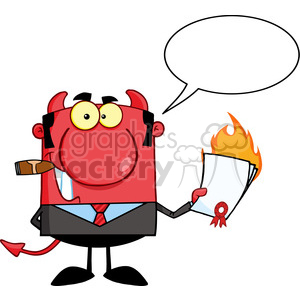 Clipart of Devil Boss Holding A Flaming Bad Contract In His Hand And Speech Bubble clipart. Royalty-free image # 386909