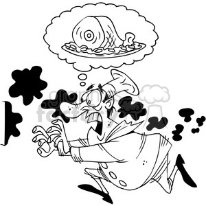 clipart - black and white chef running to his burning oven.