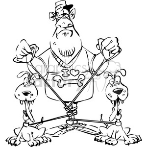 black and white cartoon pet owner tangled in leashes clipart. Commercial use image # 388235