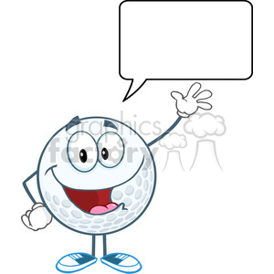 5715 Royalty Free Clip Art Happy Golf Ball Cartoon Character Waving For Greeting With Speech Bubble clipart.