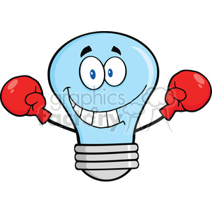 6131 Royalty Free Clip Art Smiling Blue Light Bulb Cartoon Character Wearing Boxing Gloves clipart.