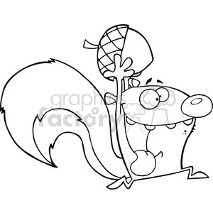 6733 Royalty Free Clip Art Black and White Crazy Squirrel Cartoon Mascot Character Running With Acorn clipart.