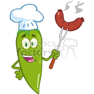6792 Royalty Free Clip Art Cute Green Chili Pepper Chef With Sausage On Fork clipart.