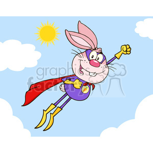 Royalty Free RF Clipart Illustration Pink Rabbit Superhero Cartoon Character Flying In The Sky clipart.