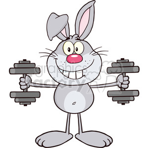 clipart - Royalty Free RF Clipart Illustration Smiling Gray Rabbit Cartoon Character Training With Dumbbells.