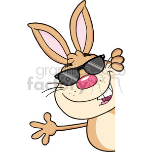 Cute Brown Rabbit With Sunglasses Looking Around A Blank Sign And Waving clipart. Royalty-free image # 390161