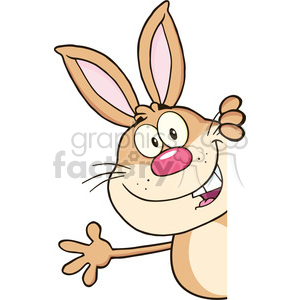 clipart - Cute Brown Rabbit Cartoon Character Looking Around A Blank Sign And Waving.