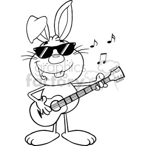 Royalty Free RF Clipart Illustration Black And White Funny Rabbit With Sunglasses Playing A Guitar And Singing clipart. Royalty-free image # 390211