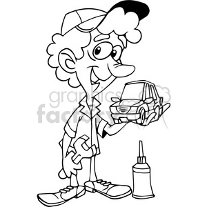 cartoon mechanic holding small car outline clipart. Commercial use image # 390674