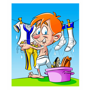 vector cartoon guy hanging clothes to dry on a clothesline clipart. Commercial use image # 393717