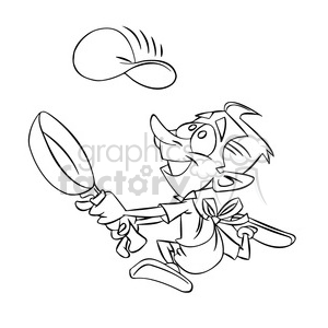 vector cartoon man making pancakes in black and white clipart.