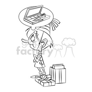 girl upset about her birthday gifts black and white clipart.