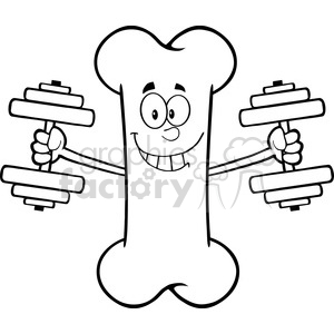 Royalty Free RF Clipart Illustration Black And White Smiling Bone Cartoon Mascot Character Training With Dumbbells clipart. Commercial use image # 395495