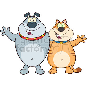 Royalty Free RF Clipart Illustration Dog And Cat Cartoon Characters Hugging clipart.