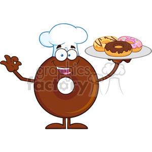 8722 Royalty Free RF Clipart Illustration Chef Chocolate Donut Cartoon Character Serving Donuts Vector Illustration Isolated On White clipart.