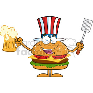 8583 Royalty Free RF Clipart Illustration Happy American Hamburger Cartoon Character Holding A Beer And Bbq Slotted Spatula Vector Illustration Isolated On White clipart.