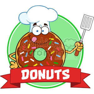 8692 Royalty Free RF Clipart Illustration Chocolate Chef Donut Cartoon Character With Sprinkles Circle Label Vector Illustration Isolated On White clipart.