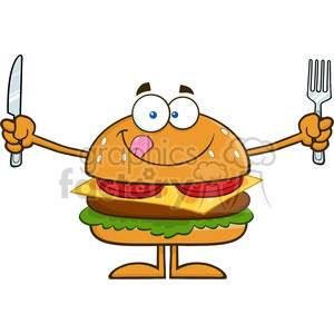 clipart - 8563 Royalty Free RF Clipart Illustration Hungry Hamburger Cartoon Character With Knife And Fork Vector Illustration Isolated On White.