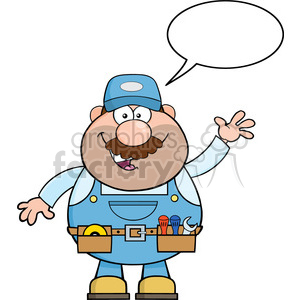 clipart - 8523 Royalty Free RF Clipart Illustration Smiling Mechanic Cartoon Character Waving For Greeting Vector Illustration With Speech Bubble.