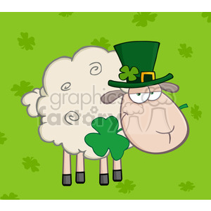 clipart - Royalty Free RF Clipart Illustration Irish Sheep Carrying A Clover In Its Mouth On A Green Background.