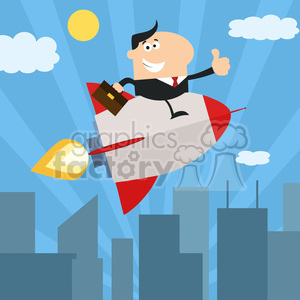 clipart - 8340 Royalty Free RF Clipart Illustration Manager Flying Over City And Giving Thumb Up Flat Style Vector Illustration.