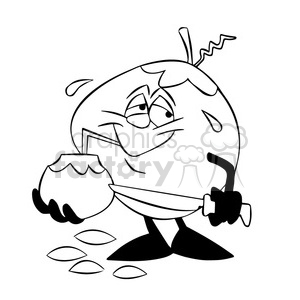 clipart - cartoon coconut character mascot charlie drinking black white.