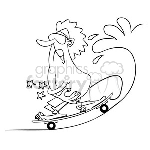 clipart - tom the cartoon surfer character surfing skateboard on water black white.