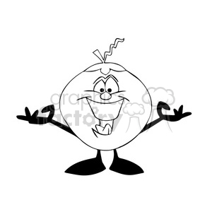 cartoon coconut character mascot charlie happy greeting black white clipart.