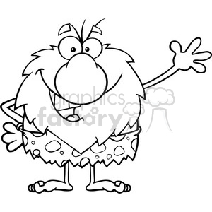 clipart - black and white happy male caveman cartoon mascot character waving vector illustration.