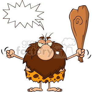 grumpy male caveman cartoon mascot character holding up a fist and a club vector illustration with angry speech bubble clipart.