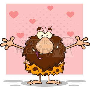 smiling male caveman cartoon mascot character with open arms vector illustration isolated on pink background with hearts clipart.