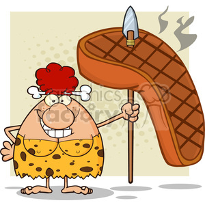 10078 smiling red hair cave woman cartoon mascot character holding a spear with big grilled steak vector illustration clipart. Commercial use image # 399079