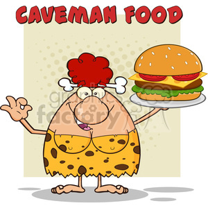 clipart - red hair cave woman cartoon mascot character holding a big burger and gesturing ok vector illustration with text caveman food.