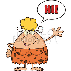 happy cave woman cartoon mascot character waving and saying hi vector illustration clipart.