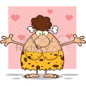 smiling brunette cave woman cartoon mascot character with open arms vector illustration isolated on pink background with hearts clipart. Commercial use image # 399119